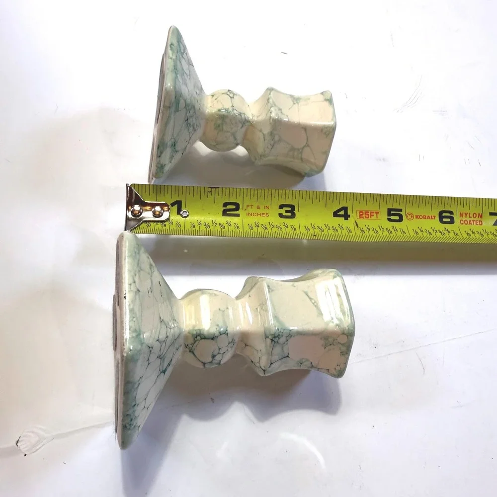 Vintage PartyLite Green Marbled Ceramic Taper Candlestick Holders Set of 2 4in